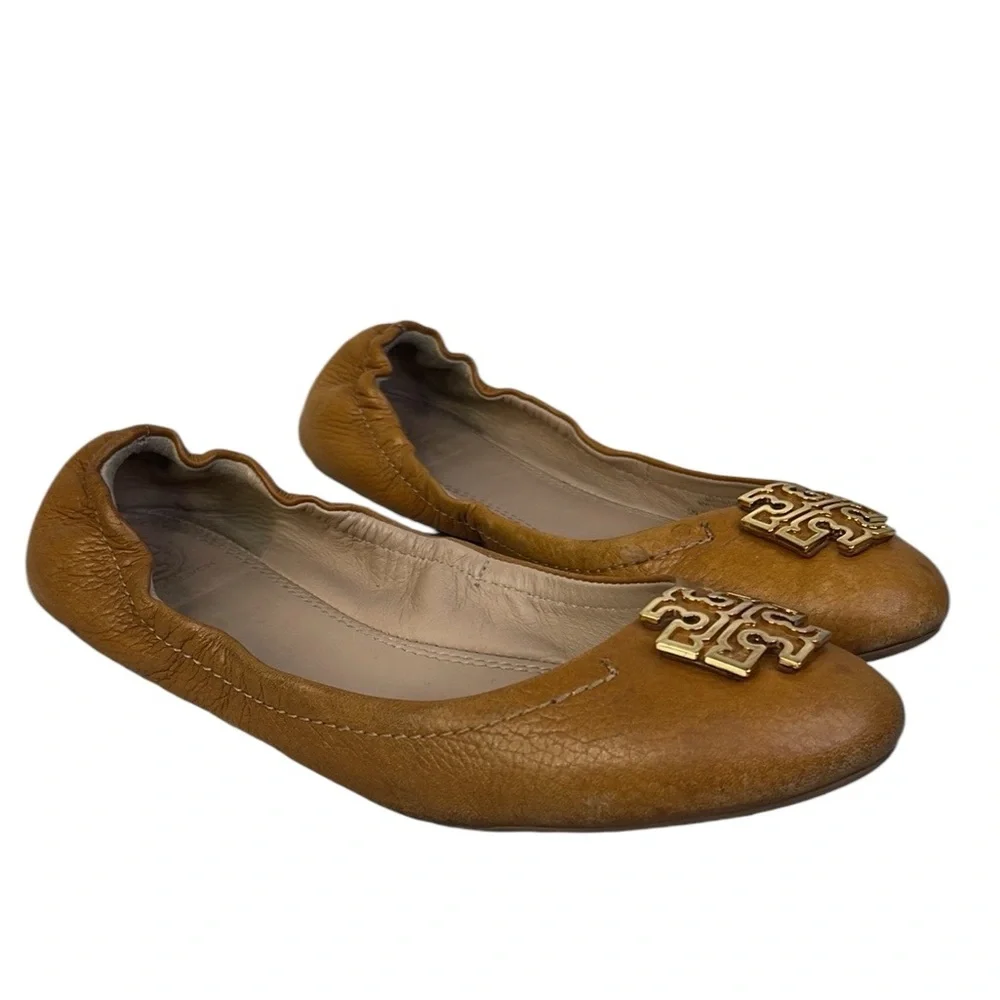 Tory Burch MELINDA Large LOGO Ballet Flats in Royal Tan/ Gold in 7.5